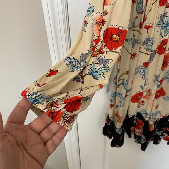 Patrons of Peace Wms S Floral Tie Neck Dress Ruffled Border Boho Cottagecore - Picture 7 of 9